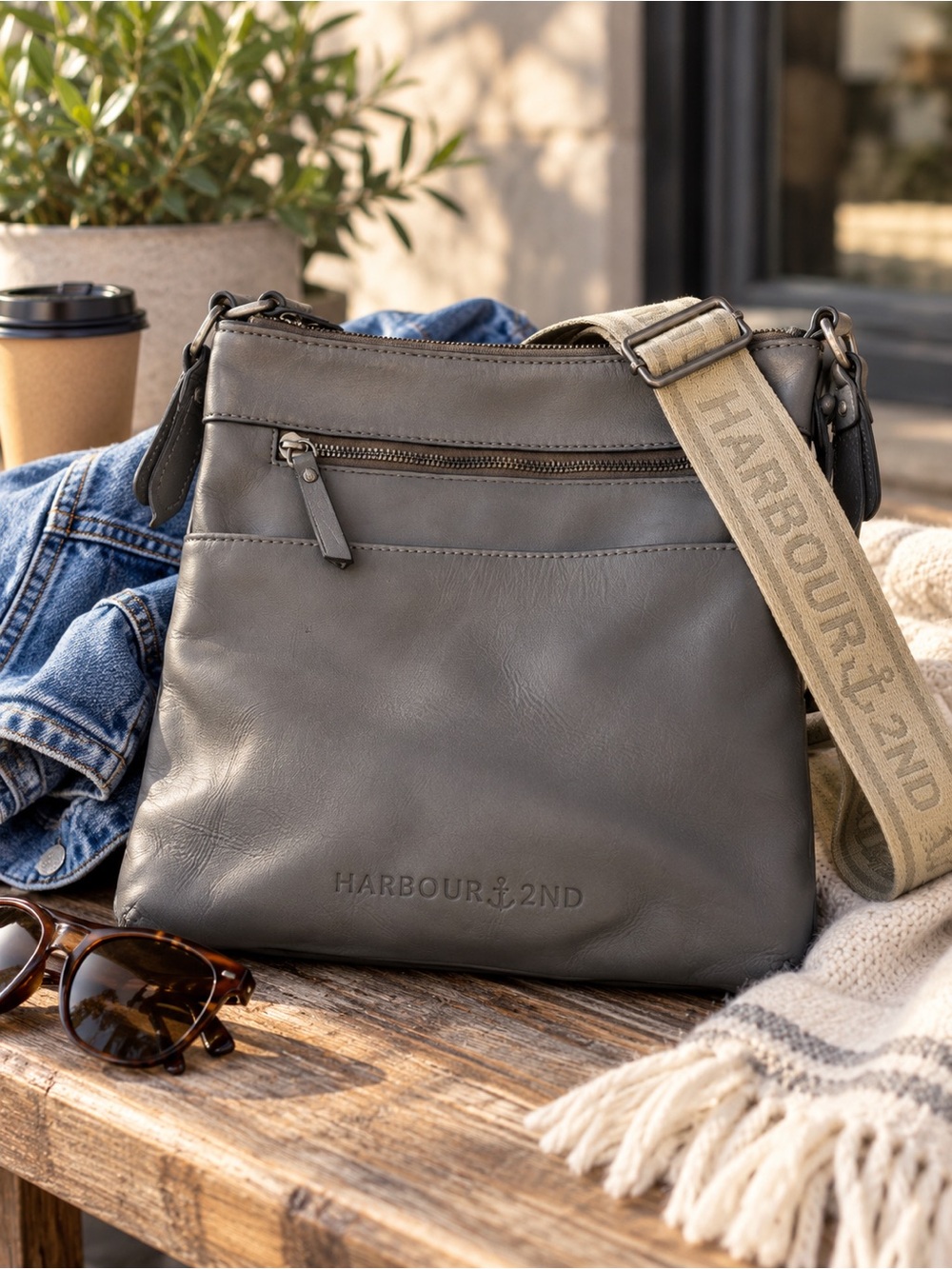 HARBOUR 2ND Genuine Leather Crossbody Bag Grey | Adjustable Logo Strap